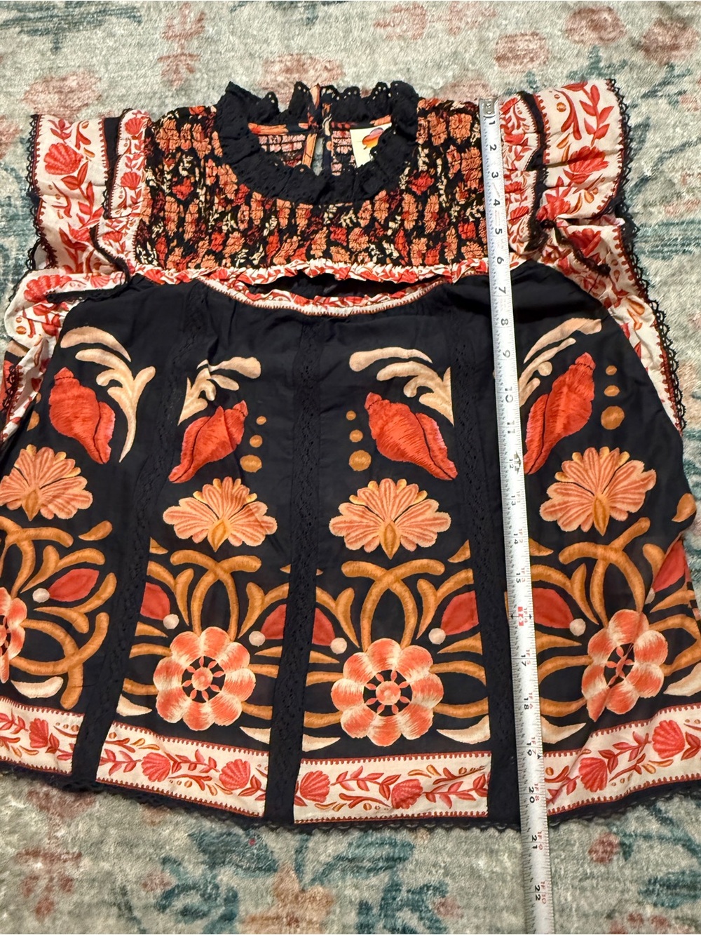 FARM Rio Black Floral Smocked Ruffle Sleeve Top with Orange Accents - Picture 11 of 16